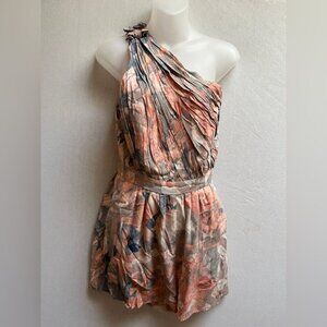 BCBGeneration One Shoulder Floral Pastel Watercolor Romper Sz 4 Pleated Cocktail